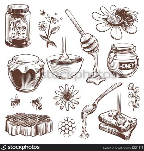 Hand drawn honey. Beekeeping sketch natural organic sweet food honey, pollen and beeswax, hive bee with honeycomb vintage vector set. Hand drawn honey. Beekeeping sketch natural organic sweet food honey, pollen and beeswax, hive bee vintage vector set