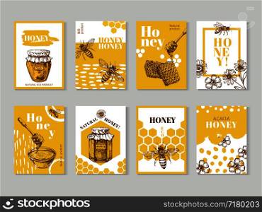 Hand drawn honey posters. Natural honey packaging with bee, honeycomb and hive vector design. Illustration of honey and honeycomb, food sweet posters of set. Hand drawn honey posters. Natural honey packaging with bee, honeycomb and hive vector design