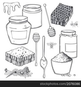 Hand drawn honey set. Vector sketch illustration.. Honey set. Vector illustration.