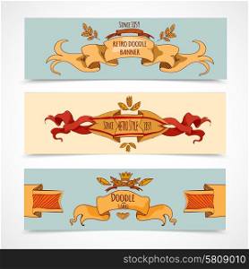 Hand drawn horizontal banners set with retro style ribbons decoration elements isolated vector illustration. Hand Drawn Ribbons Banners