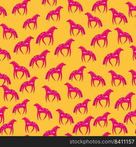 Hand drawn horse seamless pattern. Cute cartoon wallpaper with wild flower and stylized animals. Design for fabric, textile print, wrapping paper, cover. Vector illustration. Hand drawn horse seamless pattern. Cute cartoon wallpaper with wild flower and stylized animals.