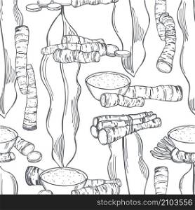 Hand drawn horseradish, root and leaves. Vector seamless pattern.. Vector background with horseradish.