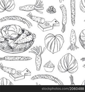 Hand drawn horseradish wasabi, root and leaves on white background.Vector seamless pattern. . Wasabi, root and leaves. Vector pattern.