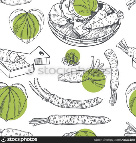 Hand drawn horseradish wasabi, root and leaves on white background.Vector seamless pattern. . Wasabi, root and leaves. Vector pattern.