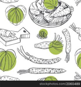 Hand drawn horseradish wasabi, root and leaves on white background.Vector seamless pattern. . Wasabi, root and leaves. Vector pattern.