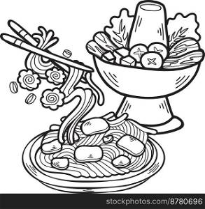 Hand Drawn Hot Pot and Noodles Chinese and Japanese food illustration isolated on background