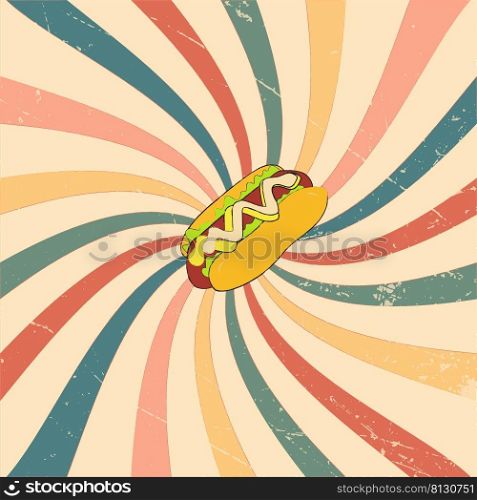 hand-drawn hotdog on a multicolored vintage background. 2d vector illustration