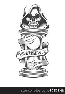 Hand drawn hourglass with skull in hood and wording Your Time is Up on the ribbon. Vector illustration.. Death with Hourglass
