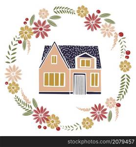 Hand drawn house and flower wreath . Vector sketch illustration.