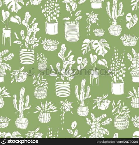 Hand drawn house plants on green background. Vector seamless pattern.. Vector pattern with house plants.