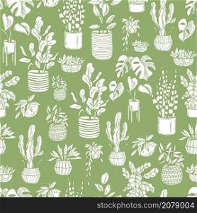Hand drawn house plants on green background. Vector seamless pattern.. Vector pattern with house plants.