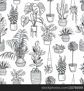 Hand drawn house plants on white background. Vector seamless pattern.. Hand drawn house plants. Vector pattern