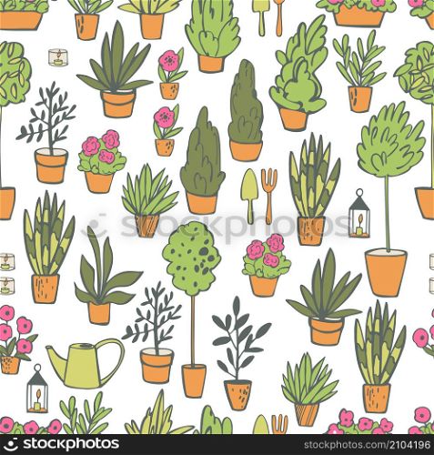 Hand drawn house plants. Vector seamless pattern.. Hand drawn house plants. Vector pattern