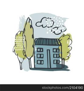 Hand drawn house with tree. Vector sketch illustration.. Hand drawn house. Vector sketch illustration.