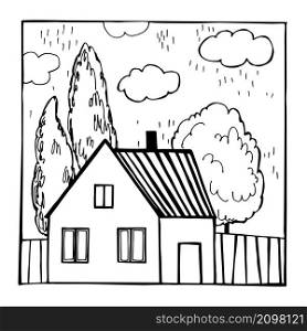 Hand drawn house with trees. Vector sketch illustration.. House and trees. Vector sketch illustration.