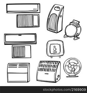 Hand-drawn household appliances for home. Air conditioners and heaters. Vector sketch illustration.. Household appliances for home.