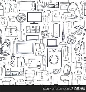 Hand drawn household appliances for home. Seamless vector pattern . Hand drawn household appliances for home.