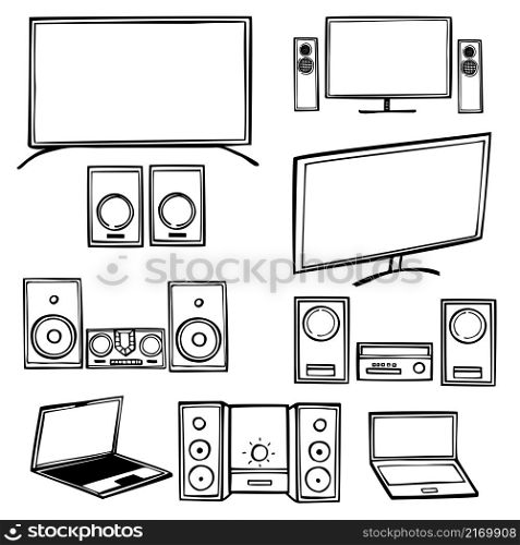 Hand-drawn household appliances for home.TVs and music centers. Vector sketch illustration.. Household appliances for home.