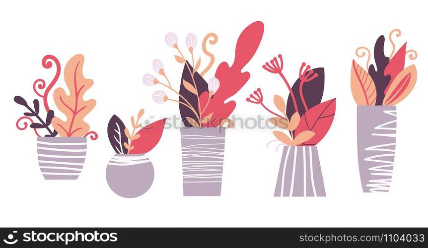 Hand drawn houseplants. Flower pots and planters. Vector illustration.. Houseplants seamless pattern