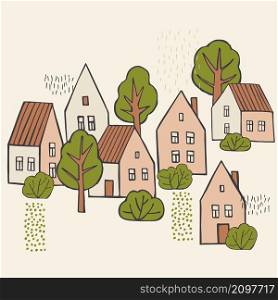 Hand drawn houses and trees. Vector sketch illustration.. Houses with trees. Vector illustration.