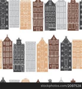 Hand drawn houses of Amsterdam. Vector seamless pattern. . Houses of Amsterdam. Vector pattern