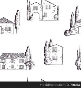 Hand drawn houses of Tuscany. Vector seamless pattern.. Vector pattern with houses of Tuscany.