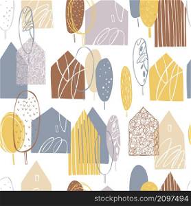 Hand drawn houses. Vector seamless pattern.. Vector pattern with houses.