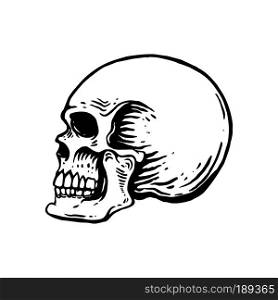 Hand drawn human skull illustration on white background. Design element for logo, label, emblem, sign, poster, t shirt. Vector image
