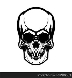 Hand drawn human skull illustration on white background. Design element for logo, label, emblem, sign, poster, t shirt. Vector image
