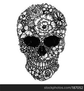 Hand Drawn Human Skull Made from flowers. Botany cranium. Design element for poster, t shirt. Vector illustration