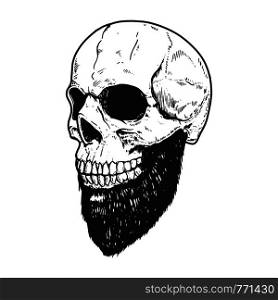 Hand drawn human skull with beard on light background. Design element for logo, label, sign, pin,poster, t shirt. Vector illustration