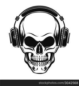 Hand Drawn Human Skull with Headphones. Vector illustration in tattoo style.. Skull with Headphones