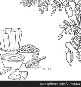 Hand drawn hummus cooking and ingredients for hummus. Middle eastern cuisine. Mediterranean food. Vector background. Sketch illustration.. Hummus cooking and ingredients for hummus. Vector background.