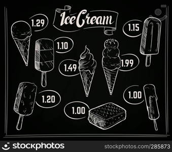 Hand drawn ice cream menu vector design on chalkboard. Menu with ice cream on chalkboard drawing, vector illustration. Hand drawn ice cream menu vector design on chalkboard