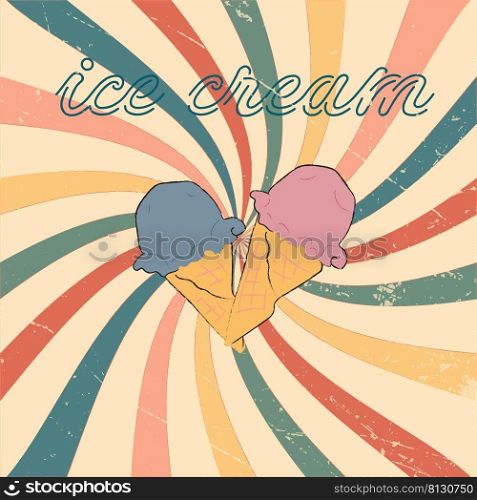 hand-drawn ice cream on a multicolored vintage background. 2d vector illustration