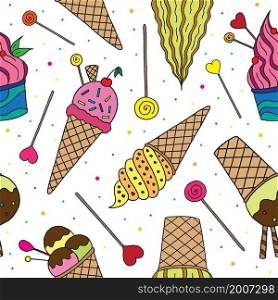 Hand drawn ice cream seamless pattern. Vector illustration.