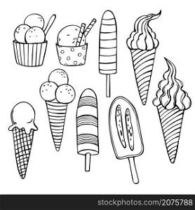 Hand drawn ice cream set. Vector sketch illustration.. Ice cream set. Vector illustration.