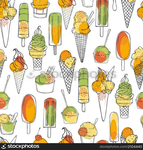 Hand drawn ice cream. Vector seamless pattern