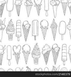 Hand drawn ice cream. Vector seamless pattern