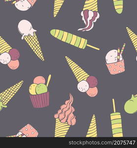 Hand drawn ice cream. Vector seamless pattern.. Ice cream set. Vector pattern.