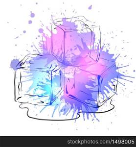 Hand drawn ice cubes with watercolor splashes. Vector illustration for your creativity. Hand drawn ice cubes with watercolor splashes.