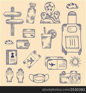 Hand drawn icon set. Vector illustration. Travel doodle collection. Set of simple vector illustrations isolated on paper. Hand drawing, line and shading