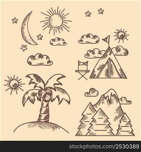 Hand drawn icon set. Vintage. Types of recreation, nature, palm tree, mountain. Collection of vector pictures. Hand drawing, line and shading