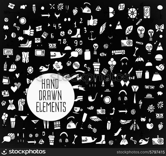 Hand drawn icons and elements pattern. Digital illustration. Hand drawn vector illustration