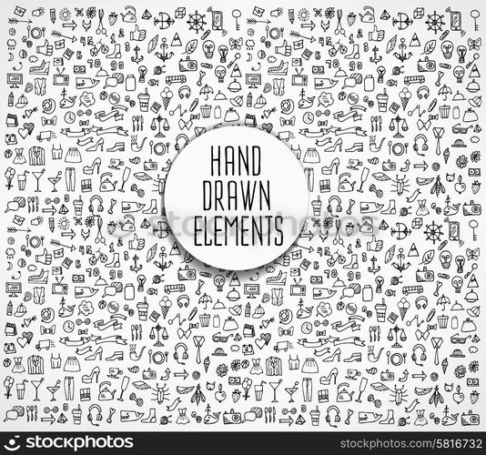 Hand drawn icons and elements pattern. Digital illustration. Hand drawn vector illustration