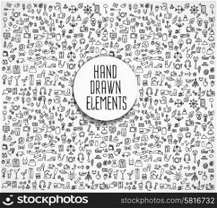 Hand drawn icons and elements pattern. Digital illustration. Hand drawn vector illustration