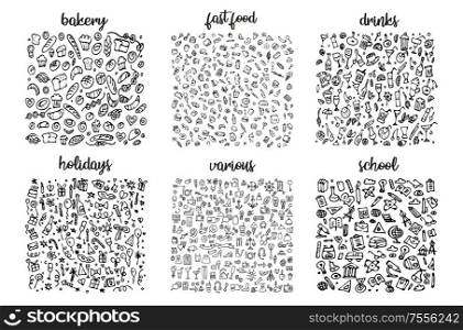 Hand drawn icons set and elements pattern. Digital illustration, bakery doodles elements, holidays seamless background. school and alcohol drinks. Vector fast food sketchy illustration. Hand drawn icons set and elements pattern. Digital illustration, bakery doodles elements, holidays seamless background. school and alcohol drinks. Vector fast food sketchy
