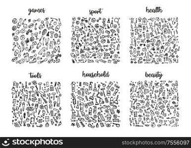 Hand drawn icons set and elements pattern. Digital illustration, games doodles elements, sports seamless background, health and tools. Vector household and beauty sketchy illustration. Hand drawn icons set and elements pattern. Digital illustration, games doodles elements, sports seamless background, health and tools. Vector household and beauty