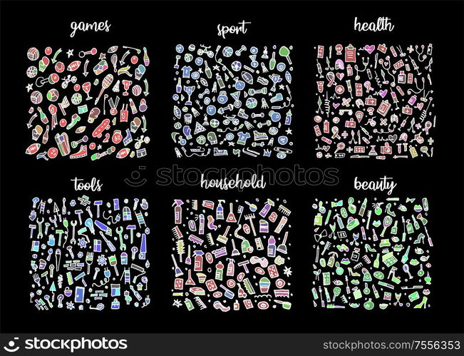 Hand drawn icons set and elements pattern. Digital illustration, games doodles elements, sports seamless background, health and tools. Vector household and beauty sketchy illustration. Hand drawn icons set and elements pattern. Digital illustration, games doodles elements, sports seamless background, health and tools. Vector household and beauty