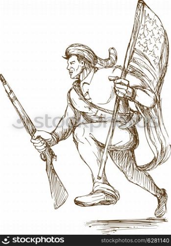 hand drawn illustraion of a daniel boone american revolutionary carrying flag of united states of america. american revolutionary carrying flag
